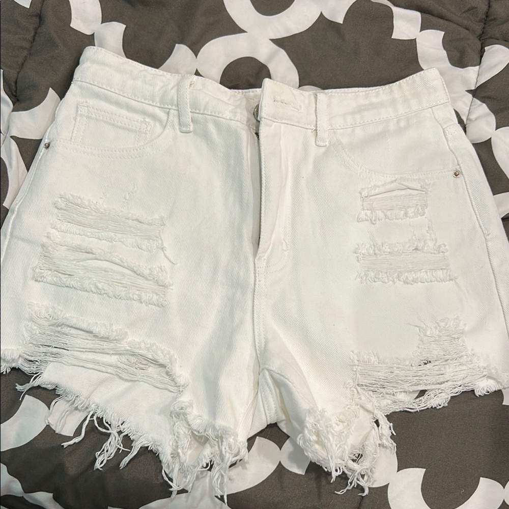 SHEIN White Distressed Jean Shorts High-Waisted